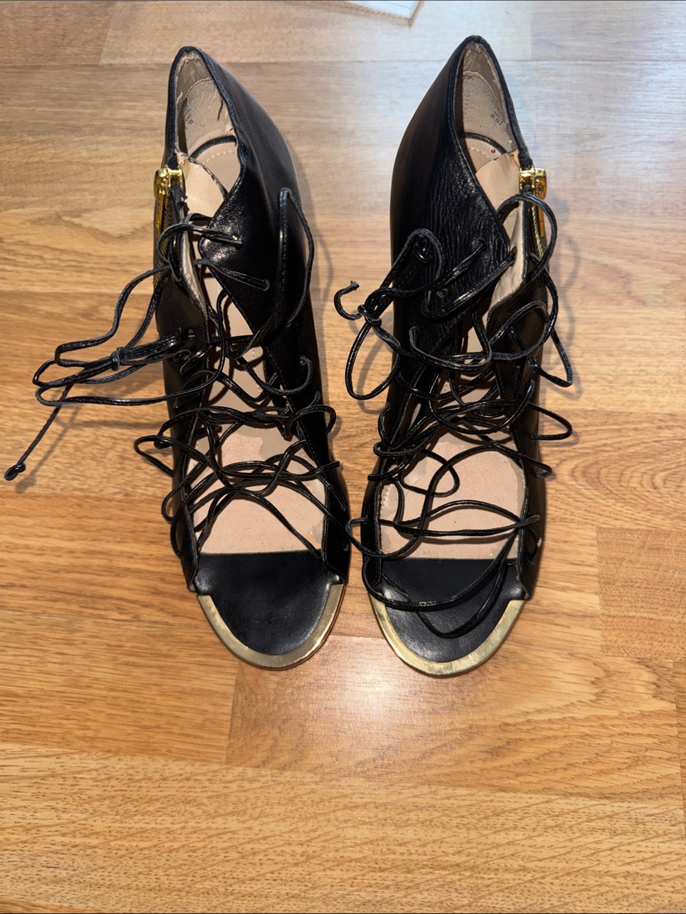Aldo Black Lace-Up Open-Toe Heeled Sandals with Gold Trim